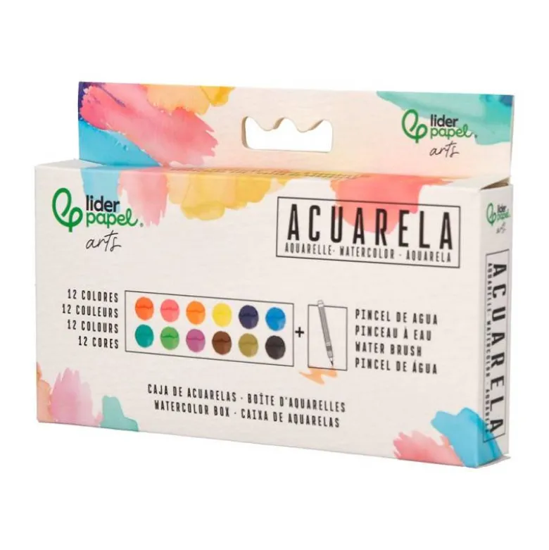 ACUARELA LIDERPAPEL 12 COLORES CON PINCEL DE AGUA RELLENABLE ESTUCHE DE PLASTICO