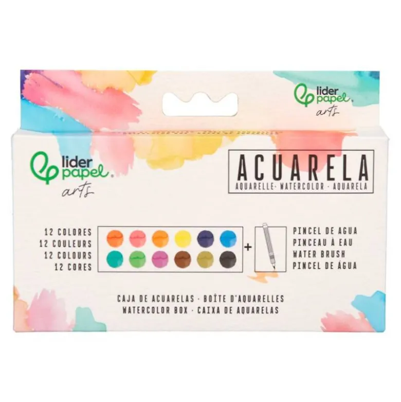ACUARELA LIDERPAPEL 12 COLORES CON PINCEL DE AGUA RELLENABLE ESTUCHE DE PLASTICO