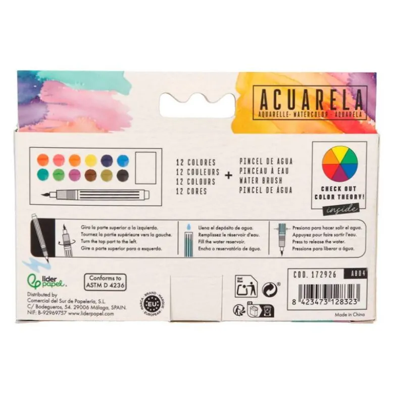 ACUARELA LIDERPAPEL 12 COLORES CON PINCEL DE AGUA RELLENABLE ESTUCHE DE PLASTICO