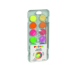 ACUARELA PRIMO 8 COLORES METAL + 4 COLORES NEON CON PINCEL Y PALETA DE MEZCLA ESTUCHE DE PLASTICO