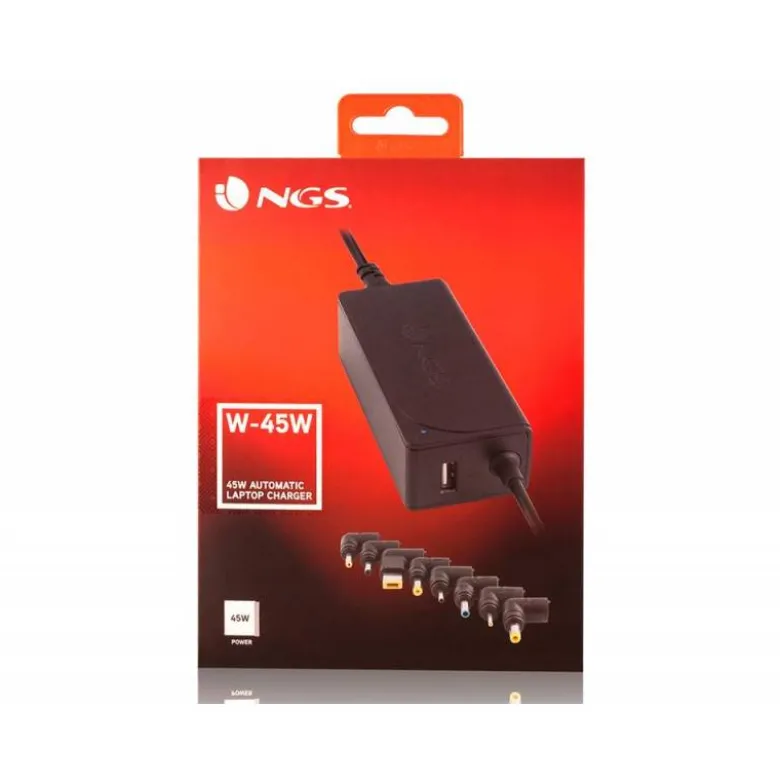 ADAPTADOR DE CORRIENTE NGS AUTOMATIC 45W CON 8 ADAPTADORES Y SALIDA USB 2A