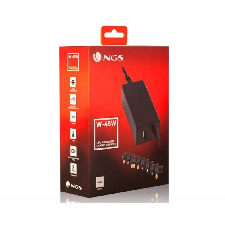 ADAPTADOR DE CORRIENTE NGS AUTOMATIC 45W CON 8 ADAPTADORES Y SALIDA USB 2A