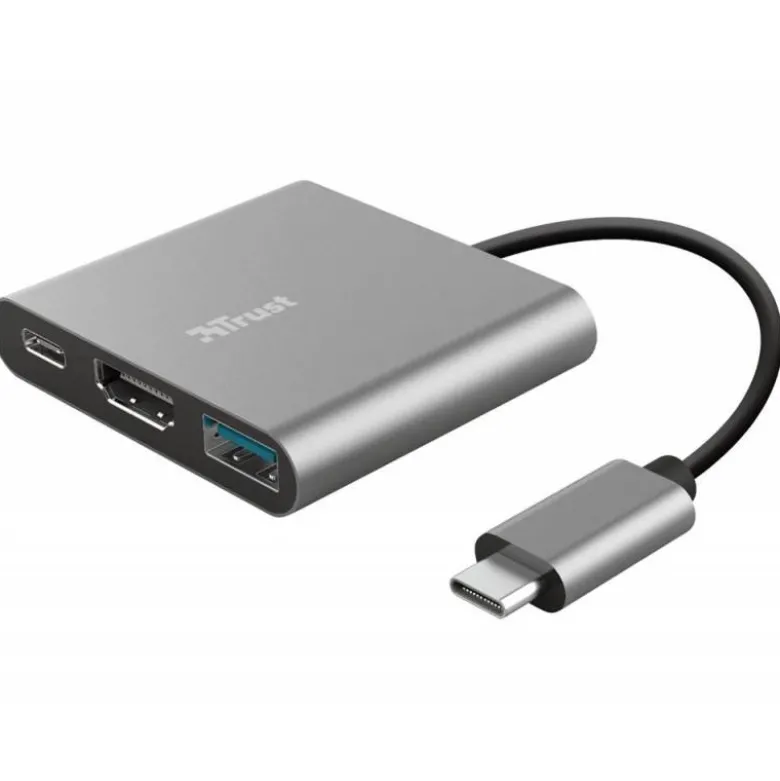 ADAPTADOR TRUST DALYX 3 EN 1 MULTIPUERTO USB-C / USB-A USB-C HDMI 2.0 COLOR ALUMINIO