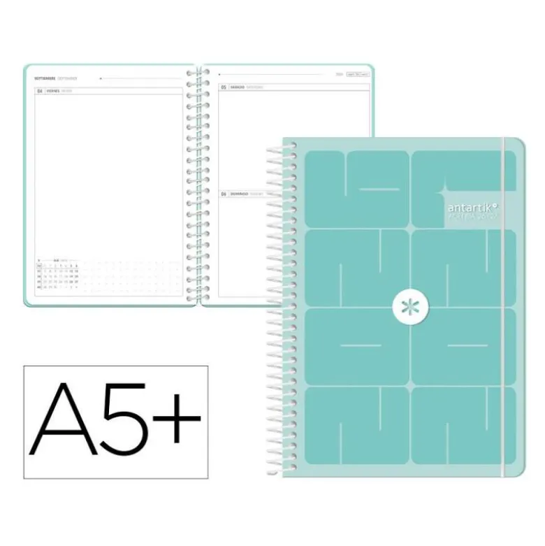 AGENDA ESCOLAR ANTARTIK 26-27 ESPIRAL ESSENTIALS DIA PAGINA A5+ BILINGUE 80G PAPEL FSC AZUL TURQUESA