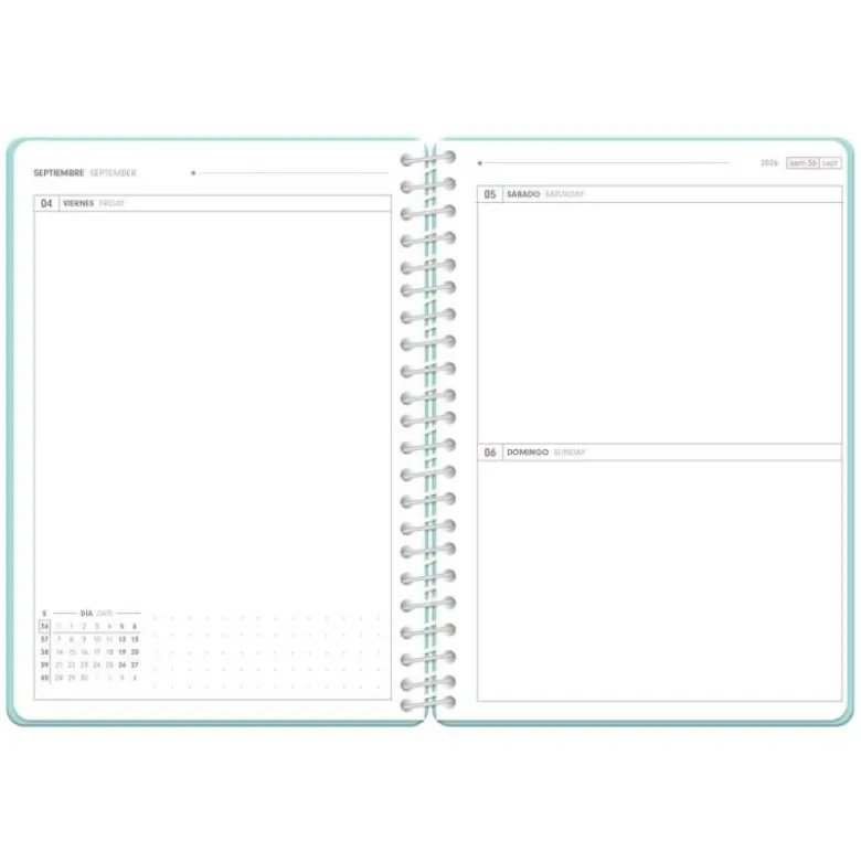 AGENDA ESCOLAR ANTARTIK 26-27 ESPIRAL ESSENTIALS DIA PAGINA A5+ BILINGUE 80G PAPEL FSC AZUL TURQUESA
