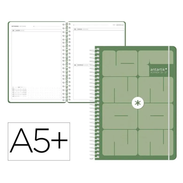 AGENDA ESCOLAR ANTARTIK 26-27 ESPIRAL ESSENTIALS DIA PAGINA A5+ BILINGUE 80G PAPEL FSC VERDE