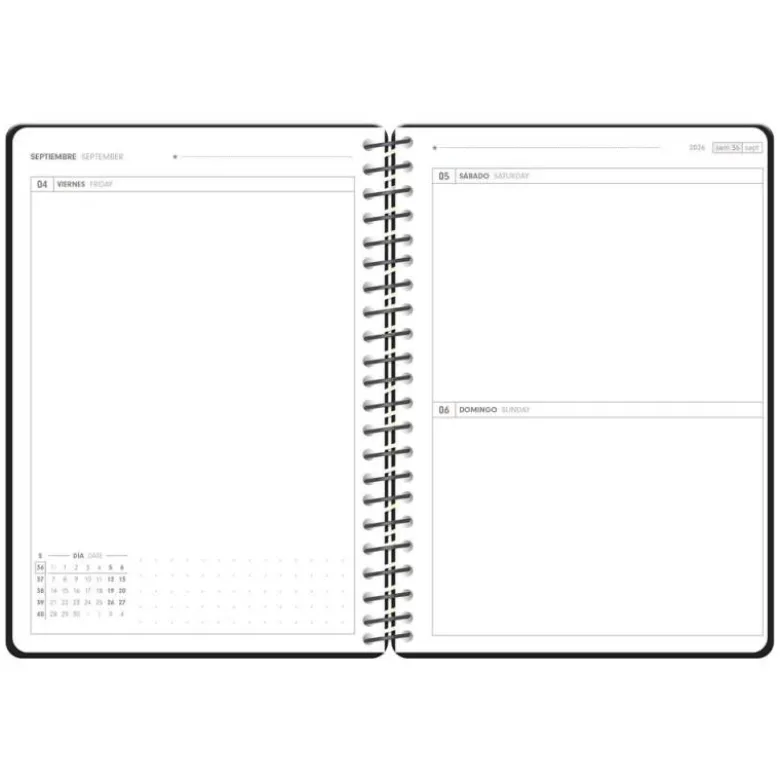 AGENDA ESCOLAR ANTARTIK 26-27 ESPIRAL PACK AND GO DIA PAGINA A5+ BILINGUE 80G PAPEL FSC NEGRO