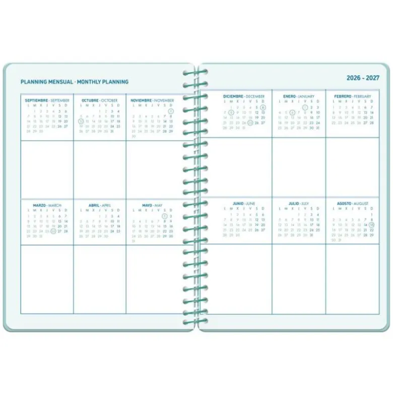 AGENDA ESCOLAR LIDERPAPEL 26-27 ESPIRAL BASIC DIA PAGINA A5 BILINGUE 70G PAPEL FSC TURQUESA