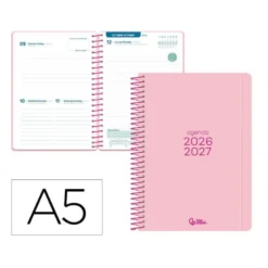 AGENDA ESCOLAR LIDERPAPEL 26-27 ESPIRAL BASIC DIA PAGINA A5 BILINGUE 70G PAPEL FSC ROSA