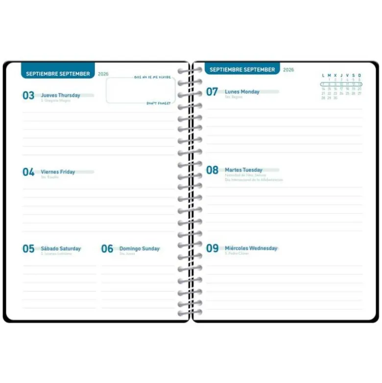 AGENDA ESCOLAR LIDERPAPEL 26-27 ESPIRAL BASIC SEMANA VISTA A5 BILINGUE 70G PAPEL FSC NEGRO