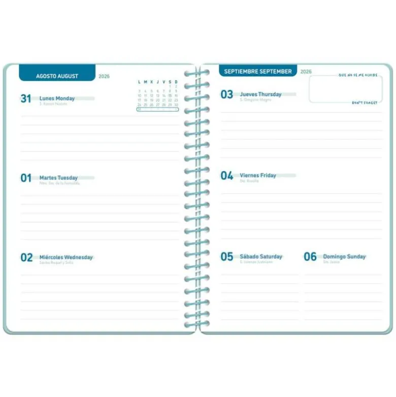 AGENDA ESCOLAR LIDERPAPEL 26-27 ESPIRAL CLASSIC SEMANA VISTA A5 BILINGUE 70G PAPEL FSC AZUL TURQUESA