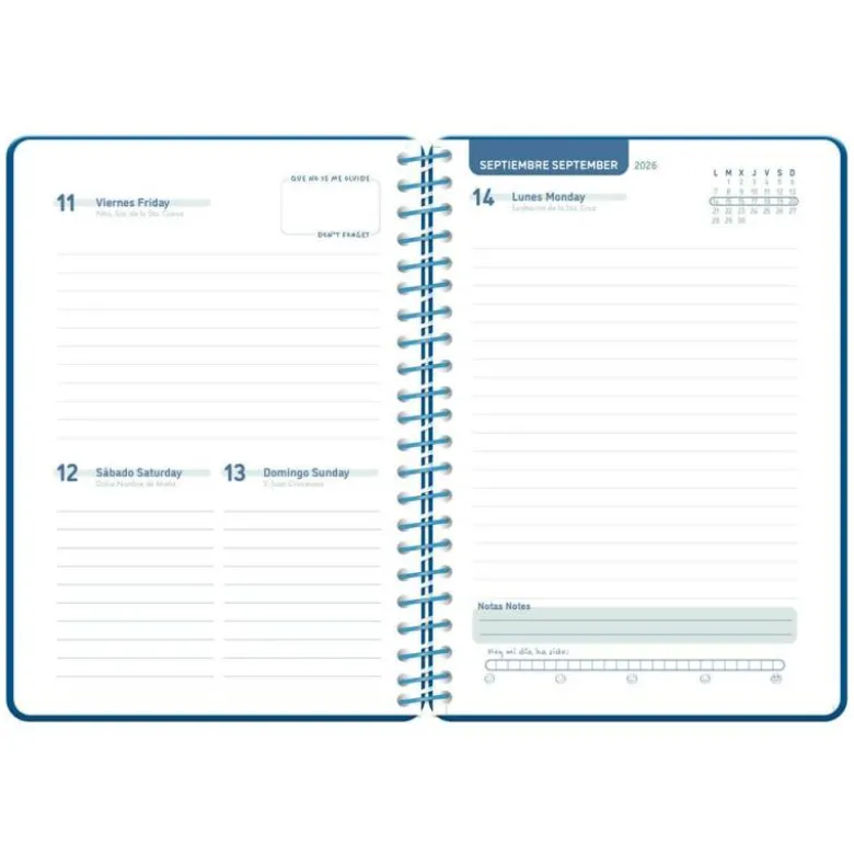 AGENDA ESCOLAR LIDERPAPEL 26-27 ESPIRAL BASIC DIA PAGINA A5 BILINGUE 70G PAPEL FSC AZUL MARINO