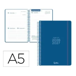 AGENDA ESCOLAR LIDERPAPEL 26-27 ESPIRAL BASIC DIA PAGINA A5 BILINGUE 70G PAPEL FSC AZUL MARINO