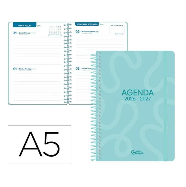 AGENDA ESCOLAR LIDERPAPEL 26-27 ESPIRAL CLASSIC 2 DIAS PAGINA A5 BILINGUE 70G PAPEL FSC AZUL TURQUESA