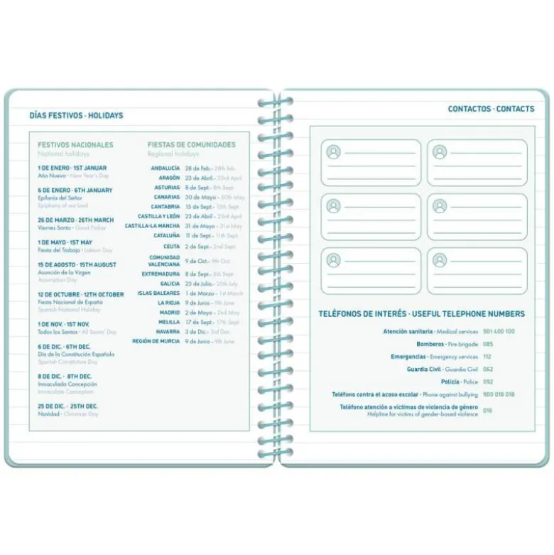AGENDA ESCOLAR LIDERPAPEL 26-27 ESPIRAL CLASSIC 2 DIAS PAGINA A5 BILINGUE 70G PAPEL FSC AZUL TURQUESA