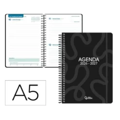 AGENDA ESCOLAR LIDERPAPEL 26-27 ESPIRAL CLASSIC DIA PAGINA A5 BILINGUE 70G PAPEL FSC NEGRO