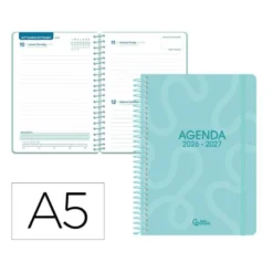 AGENDA ESCOLAR LIDERPAPEL 26-27 ESPIRAL CLASSIC DIA PAGINA A5 BILINGUE 70G PAPEL FSC AZUL TURQUESA