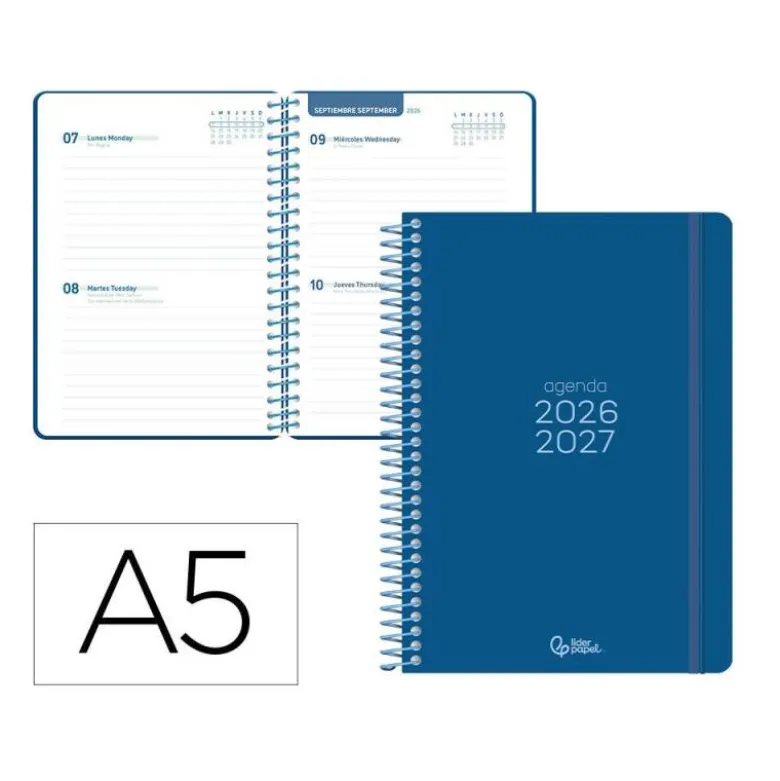 AGENDA ESCOLAR LIDERPAPEL 26-27 ESPIRAL BASIC 2 DIAS PAGINA A5 BILINGUE 70G PAPEL FSC AZUL MARINO