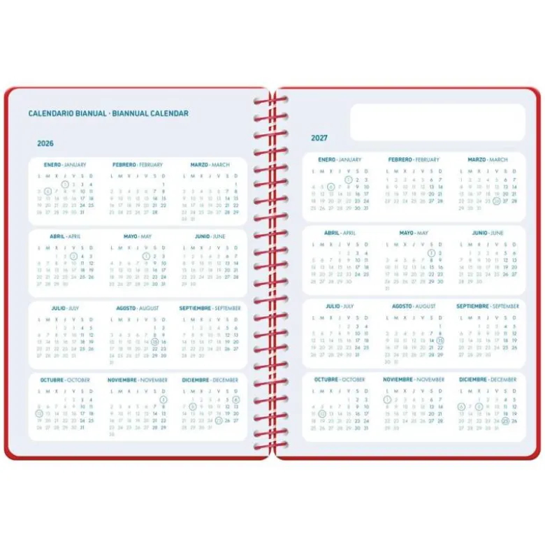 AGENDA ESCOLAR LIDERPAPEL 26-27 ESPIRAL CLASSIC 2 DIAS PAGINA A5 BILINGUE 70G PAPEL FSC ROJO