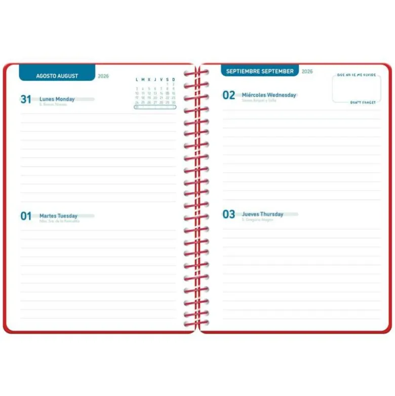 AGENDA ESCOLAR LIDERPAPEL 26-27 ESPIRAL CLASSIC 2 DIAS PAGINA A5 BILINGUE 70G PAPEL FSC ROJO