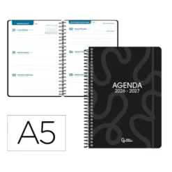 AGENDA ESCOLAR LIDERPAPEL 26-27 ESPIRAL CLASSIC SEMANA VISTA A5 BILINGUE 70G PAPEL FSC NEGRO
