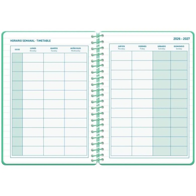 AGENDA ESCOLAR LIDERPAPEL 26-27 ESPIRAL CLASSIC DIA PAGINA A5 BILINGUE 70G PAPEL FSC VERDE