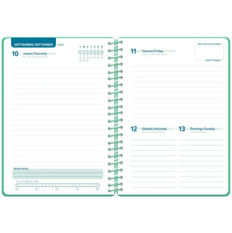 AGENDA ESCOLAR LIDERPAPEL 26-27 ESPIRAL CLASSIC DIA PAGINA A5 BILINGUE 70G PAPEL FSC VERDE