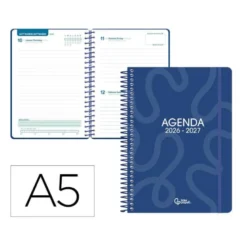 AGENDA ESCOLAR LIDERPAPEL 26-27 ESPIRAL CLASSIC DIA PAGINA A5 BILINGUE 70G PAPEL FSC AZUL MARINO