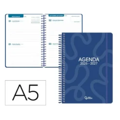 AGENDA ESCOLAR LIDERPAPEL 26-27 ESPIRAL CLASSIC 2 DIAS PAGINA A5 BILINGUE 70G PAPEL FSC AZUL MARINO