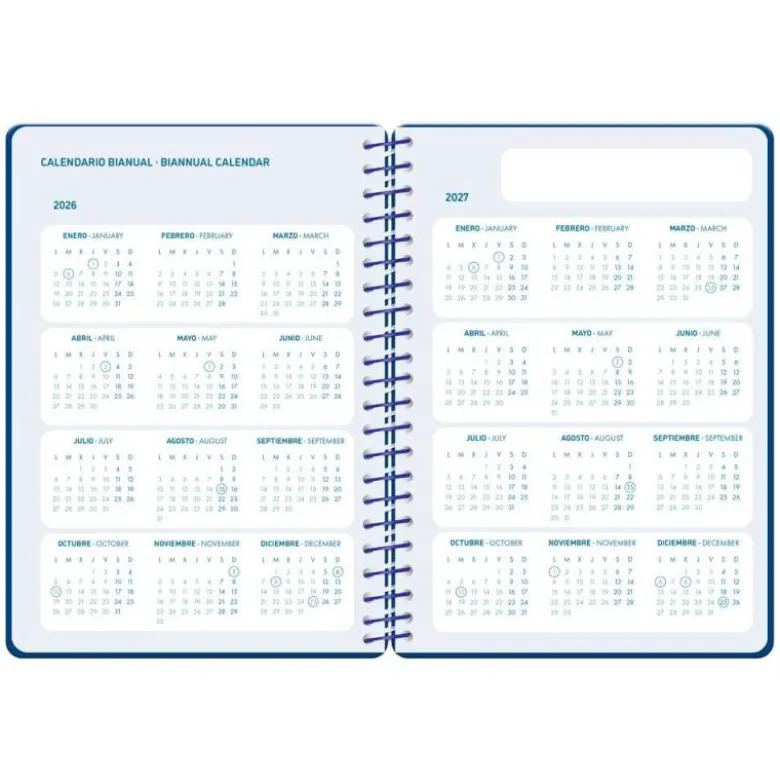AGENDA ESCOLAR LIDERPAPEL 26-27 ESPIRAL CLASSIC 2 DIAS PAGINA A5 BILINGUE 70G PAPEL FSC AZUL MARINO