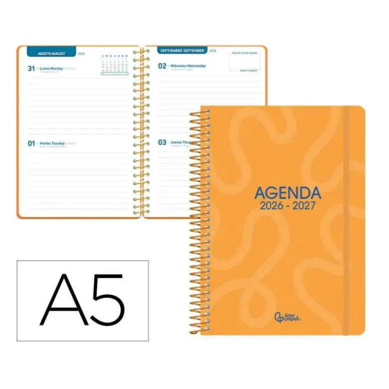 AGENDA ESCOLAR LIDERPAPEL 26-27 ESPIRAL CLASSIC 2 DIAS PAGINA A5 BILINGUE 70G PAPEL FSC NARANJA