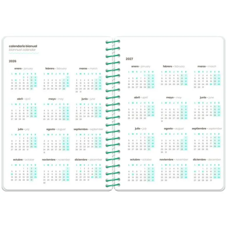AGENDA ESCOLAR LIDERPAPEL 26-27 ESPIRAL FLOWERS SEMANA VISTA A6+ BILINGUE 80G PAPEL FSC BLANCO