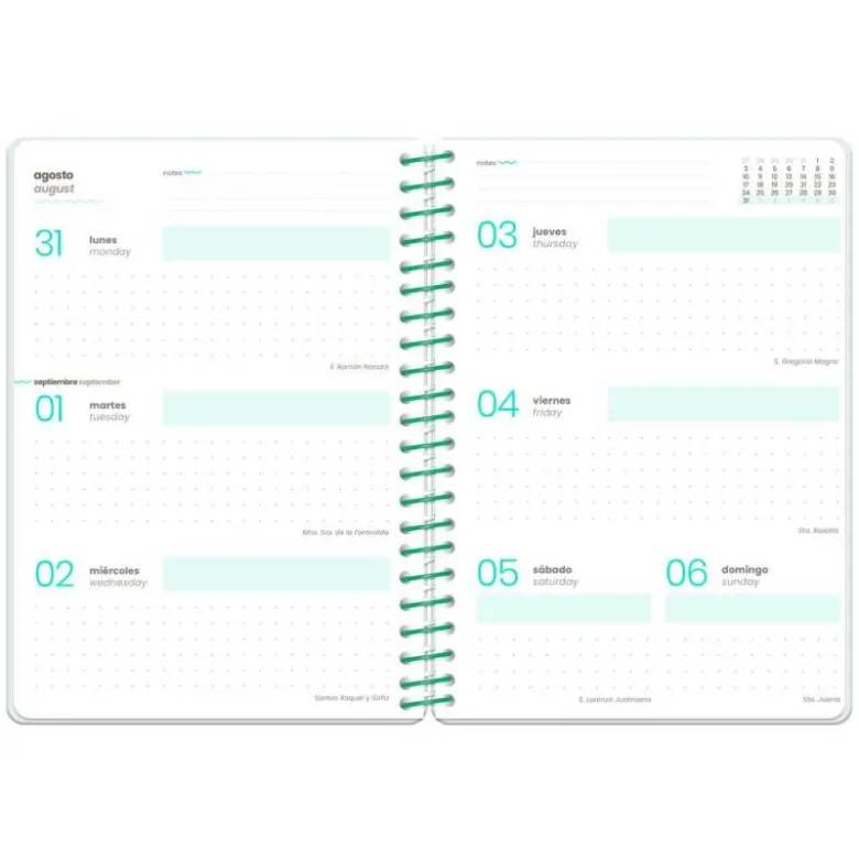 AGENDA ESCOLAR LIDERPAPEL 26-27 ESPIRAL FLOWERS SEMANA VISTA A6+ BILINGUE 80G PAPEL FSC BLANCO
