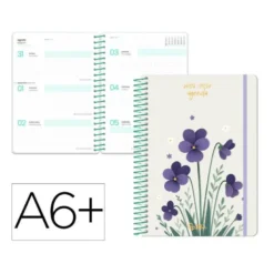 AGENDA ESCOLAR LIDERPAPEL 26-27 ESPIRAL FLOWERS SEMANA VISTA A6+ BILINGUE 80G PAPEL FSC BLANCO