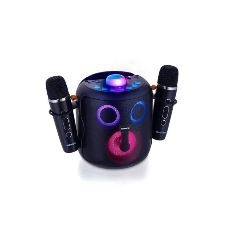 ALTAVOZ DAEWO KARAOKE 15W BLUETOOTH LUCES LED RADIO FM 2 MICROFONOS INALAMBRICOS COLOR NEGRO