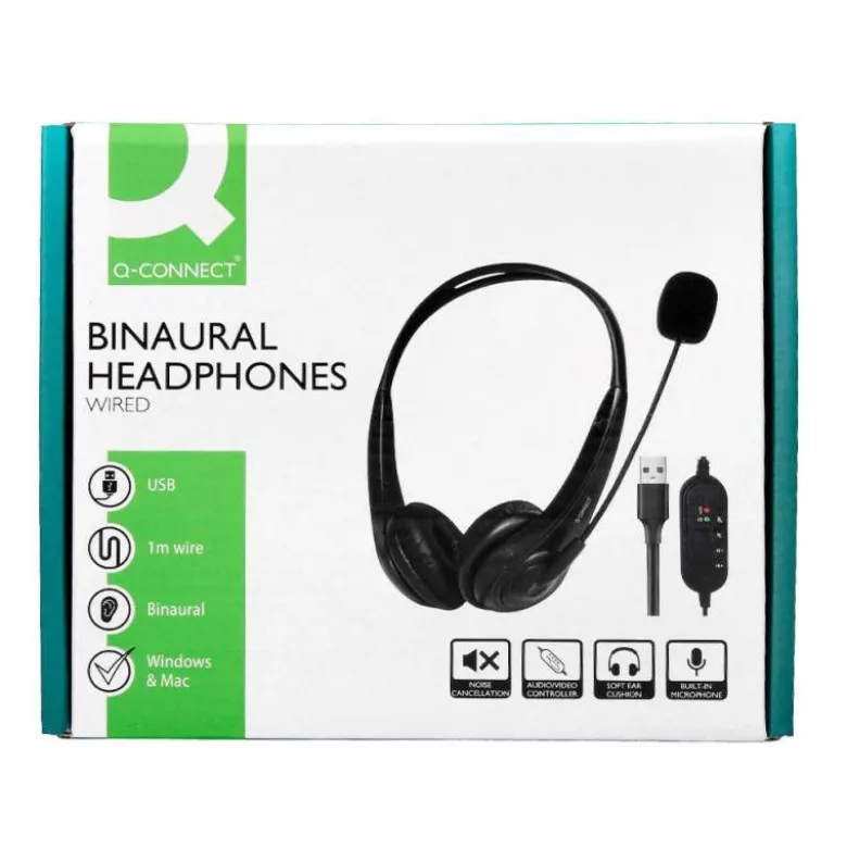 AURICULAR Q-CONNECT BIAURAL DIADEMA CON MICROFONO Y CONTROL DE VOLUMEN CONEXION USB COLOR NEGRO