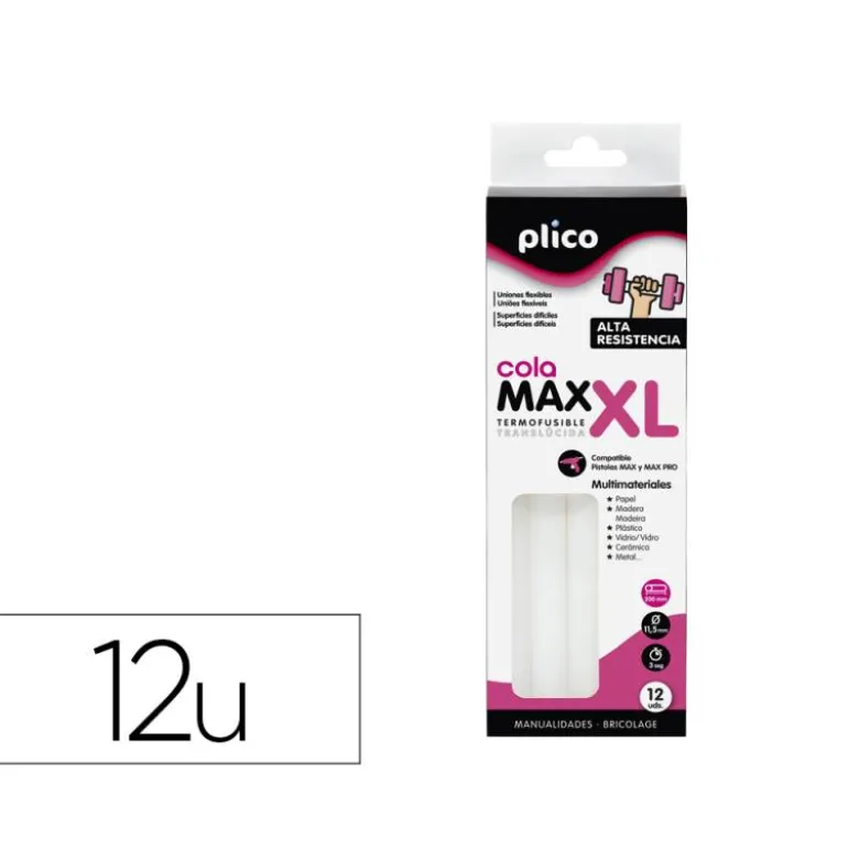 BARRA TERMOFUSIBLE PLICO COLA EXTRAFUERTE MAX XL 11,5 MM DE DIAMETRO X 200 MM DE ALTO BLISTER DE 12 UNIDADES