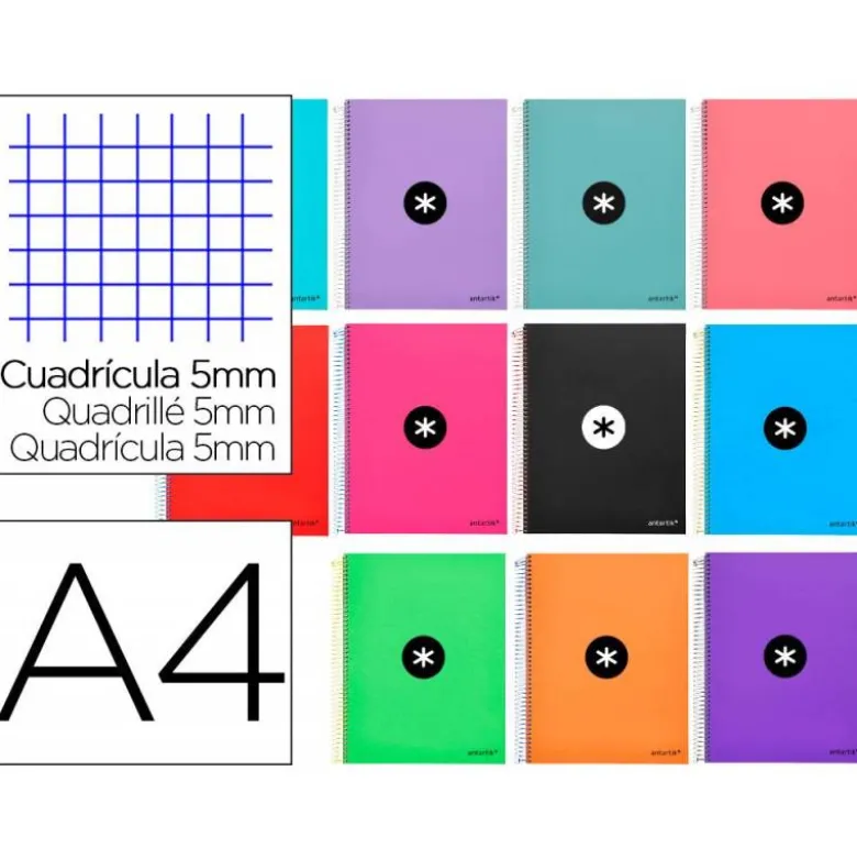 Bloc Antartik A4 Cuadrícula tapa Forrada 120 hojas 100g/m2 Colores Surtidos 5 bandas color