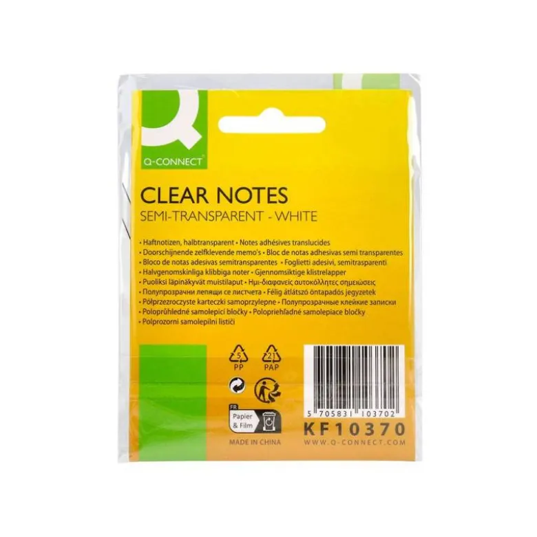 BLOC DE NOTAS ADHESIVAS QUITA Y PON Q-CONNECT 76X76 MM REMOVIBLE PLASTICO TRANSLUCIDO BLANCO CON 50