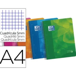 BLOC ESPIRAL OXFORD TAPA PLASTICO OPTIK PAPER MICROPERFDIN A4 120 H CUADROS 5 MM CON 3 SEPARADORES COLORES SURTIDOS