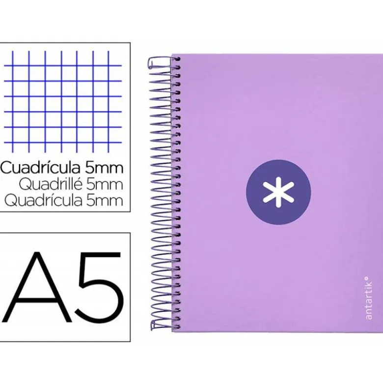 Bloc Antartik A5 Cuadricula 5mm tapa dura 120 hojas 100g/m2 lila lavanda 5 bandas color