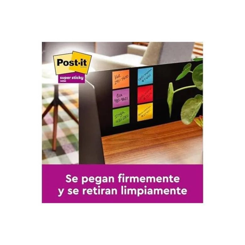 BLOC DE NOTAS ADHESIVA QUITA Y PON POST-IT SUPER STICKY 76X76 MM 90 HOJAS COLORES SURTIDOS PACK DE 21 + 3