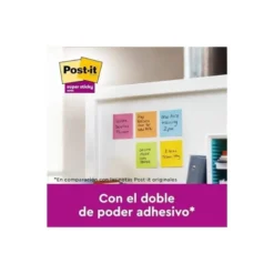 BLOC DE NOTAS ADHESIVA QUITA Y PON POST-IT SUPER STICKY 76X76 MM 90 HOJAS COLORES SURTIDOS PACK DE 21 + 3