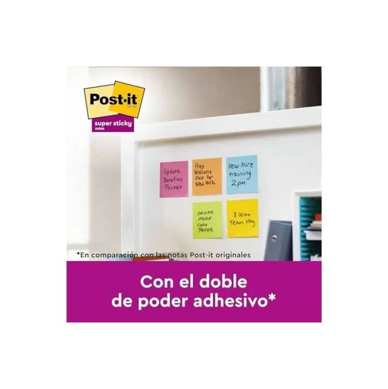 BLOC DE NOTAS ADHESIVA QUITA Y PON POST-IT SUPER STICKY 76X76 MM 90 HOJAS COLORES SURTIDOS PACK DE 21 + 3