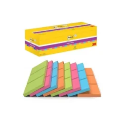 BLOC DE NOTAS ADHESIVA QUITA Y PON POST-IT SUPER STICKY 76X76 MM 90 HOJAS COLORES SURTIDOS PACK DE 21 + 3