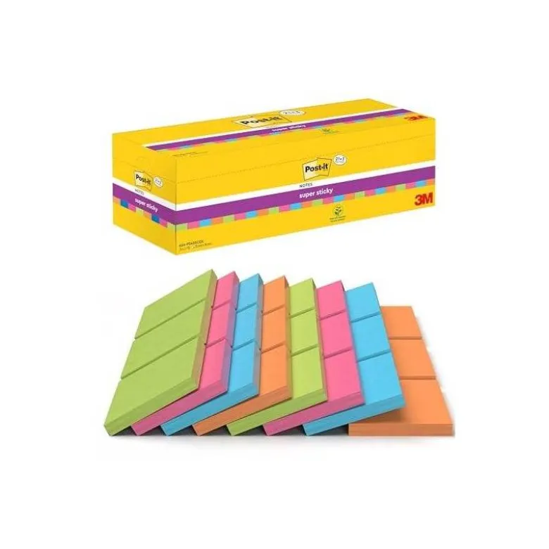 BLOC DE NOTAS ADHESIVA QUITA Y PON POST-IT SUPER STICKY 76X76 MM 90 HOJAS COLORES SURTIDOS PACK DE 21 + 3