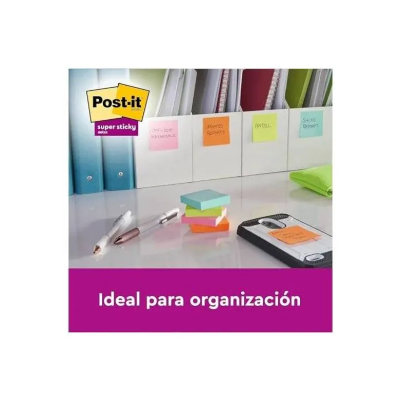 BLOC DE NOTAS ADHESIVA QUITA Y PON POST-IT SUPER STICKY 76X76 MM 90 HOJAS COLORES SURTIDOS PACK DE 21 + 3