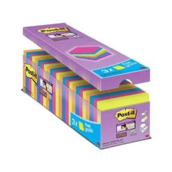 BLOC DE NOTAS ADHESIVA QUITA Y PON POST-IT SUPER STICKY 76X76 MM 90 HOJAS COLORES SURTIDOS PACK DE 21 + 3