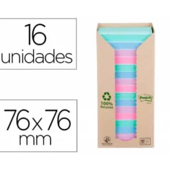 BLOC DE NOTAS ADHESIVAS QUITA Y PON POST-IT 76X76 MM 100% RECICLADO PEFC EN TORRE PACK DE 16 UNIDADES COLORES