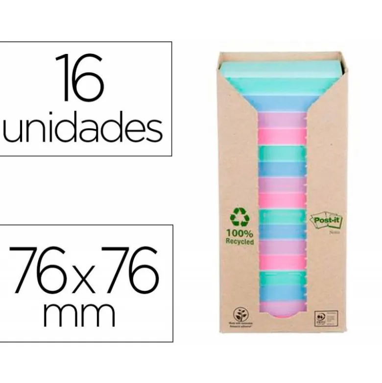 BLOC DE NOTAS ADHESIVAS QUITA Y PON POST-IT 76X76 MM 100% RECICLADO PEFC EN TORRE PACK DE 16 UNIDADES COLORES